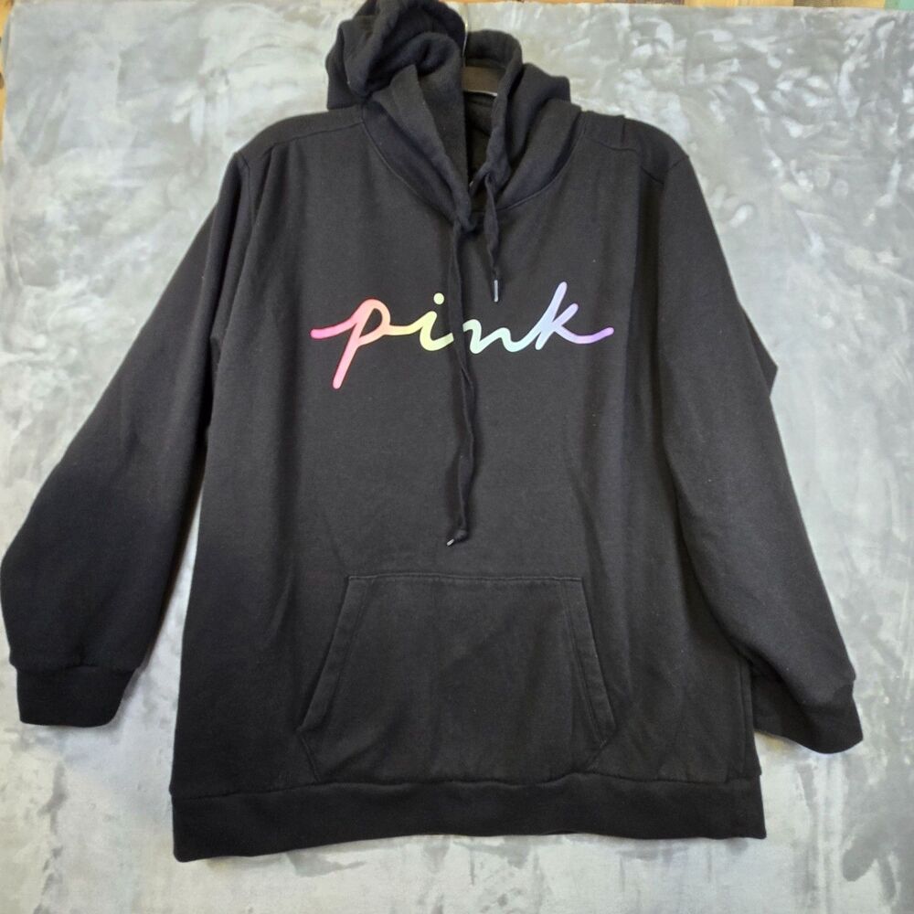 Victoria's Secret Pink Womens XL Sweatshirt Hoodie Black Rainbow Color Spellout